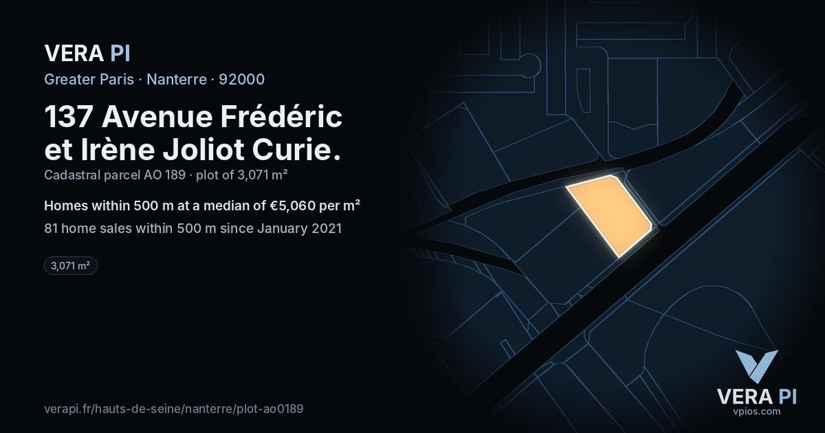137 Avenue Frédéric et Irène Joliot Curie, Nanterre at night – the plot lit, the parcels around coloured by the prices near them