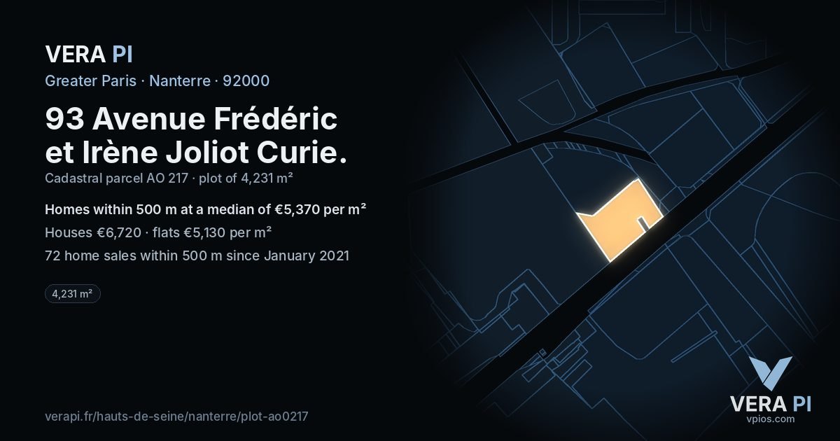93 Avenue Frédéric et Irène Joliot Curie, Nanterre at night – the plot lit, the parcels around coloured by the prices near them