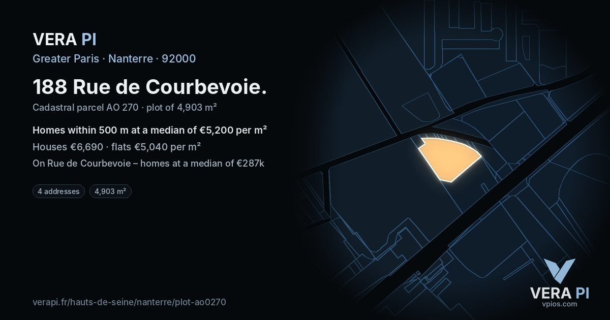 188 Rue de Courbevoie, Nanterre at night – the plot lit, the parcels around coloured by the prices near them