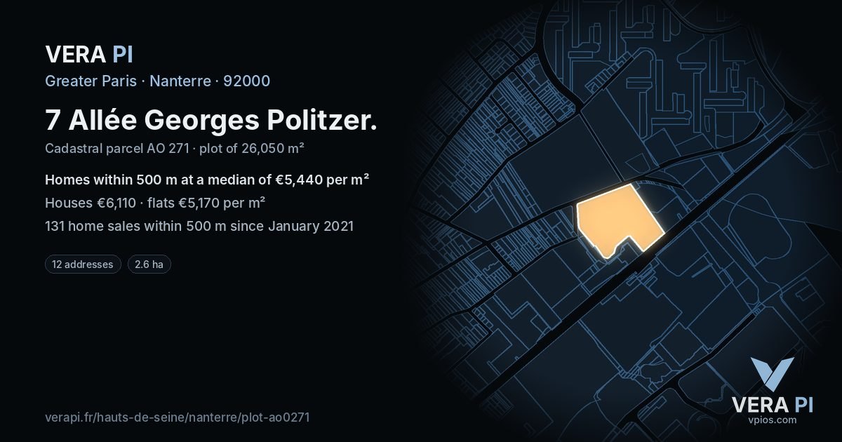 7 Allée Georges Politzer, Nanterre at night – the plot lit, the parcels around coloured by the prices near them