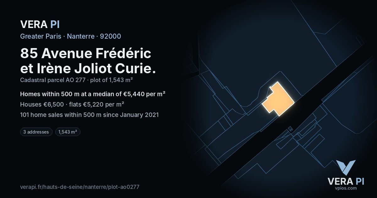 85 Avenue Frédéric et Irène Joliot Curie, Nanterre at night – the plot lit, the parcels around coloured by the prices near them