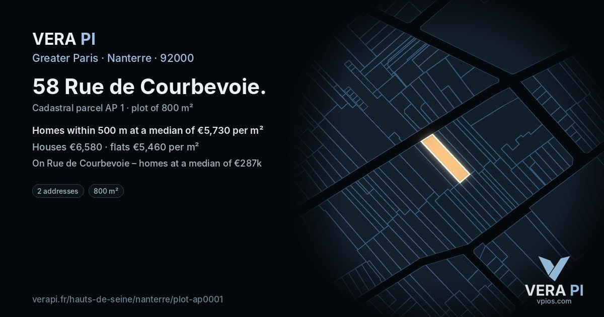 58 Rue de Courbevoie, Nanterre at night – the plot lit, the parcels around coloured by the prices near them