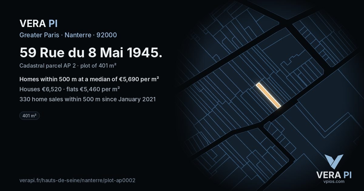 59 Rue du 8 Mai 1945, Nanterre at night – the plot lit, the parcels around coloured by the prices near them