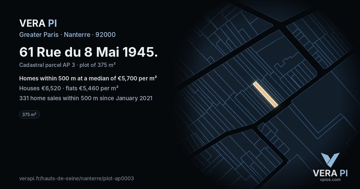 61 Rue du 8 Mai 1945, Nanterre at night – the plot lit, the parcels around coloured by the prices near them