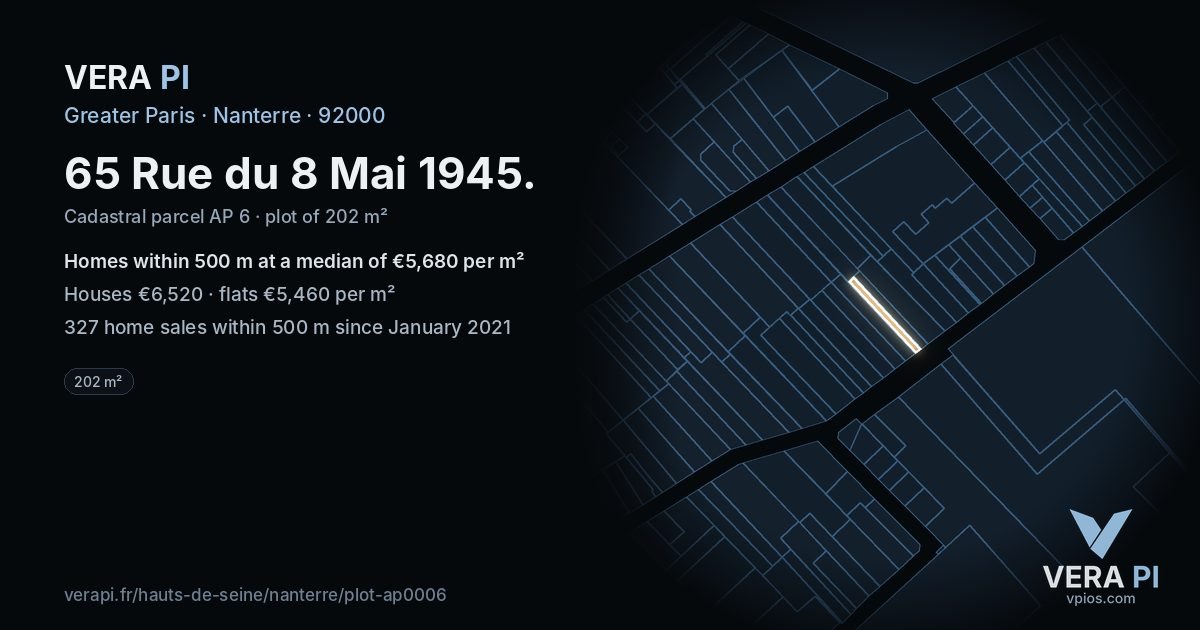 65 Rue du 8 Mai 1945, Nanterre at night – the plot lit, the parcels around coloured by the prices near them