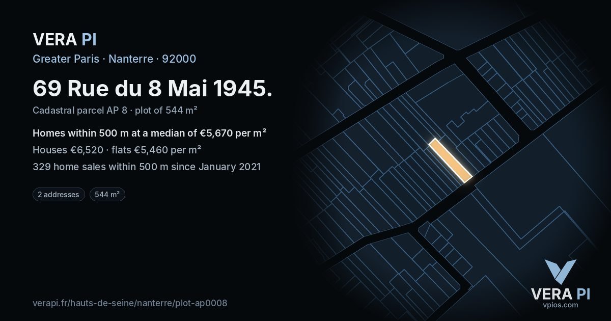 69 Rue du 8 Mai 1945, Nanterre at night – the plot lit, the parcels around coloured by the prices near them