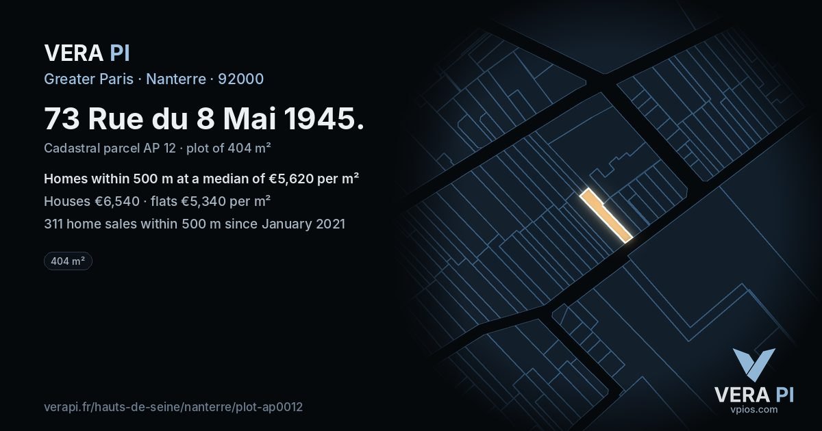 73 Rue du 8 Mai 1945, Nanterre at night – the plot lit, the parcels around coloured by the prices near them