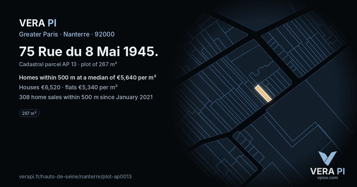 75 Rue du 8 Mai 1945, Nanterre at night – the plot lit, the parcels around coloured by the prices near them