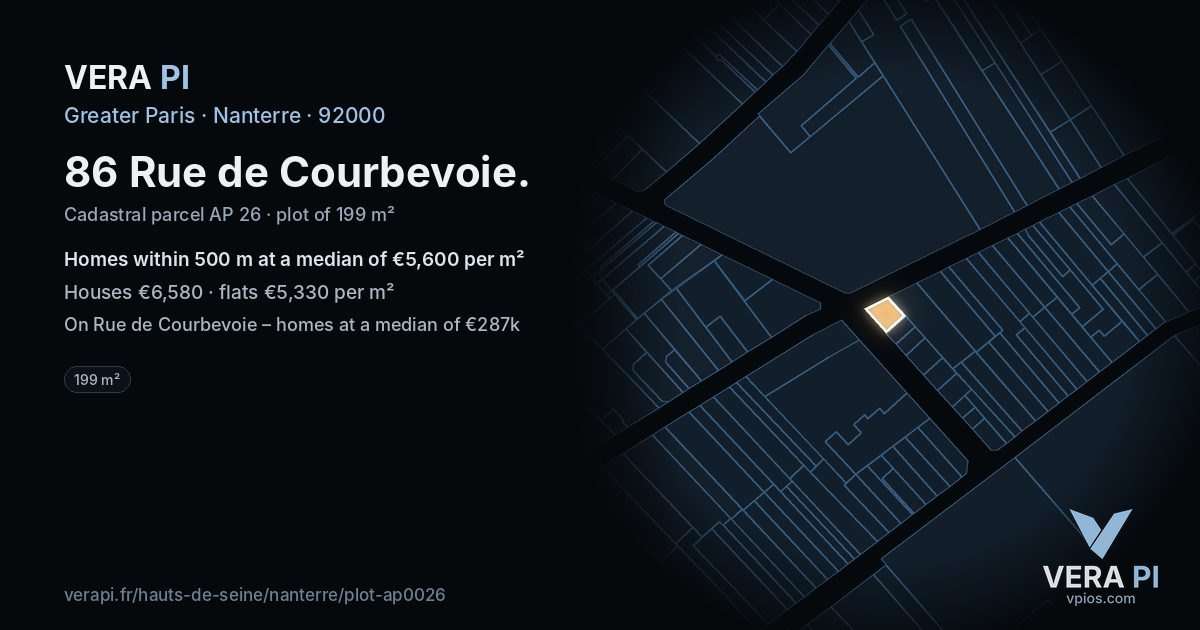 86 Rue de Courbevoie, Nanterre at night – the plot lit, the parcels around coloured by the prices near them