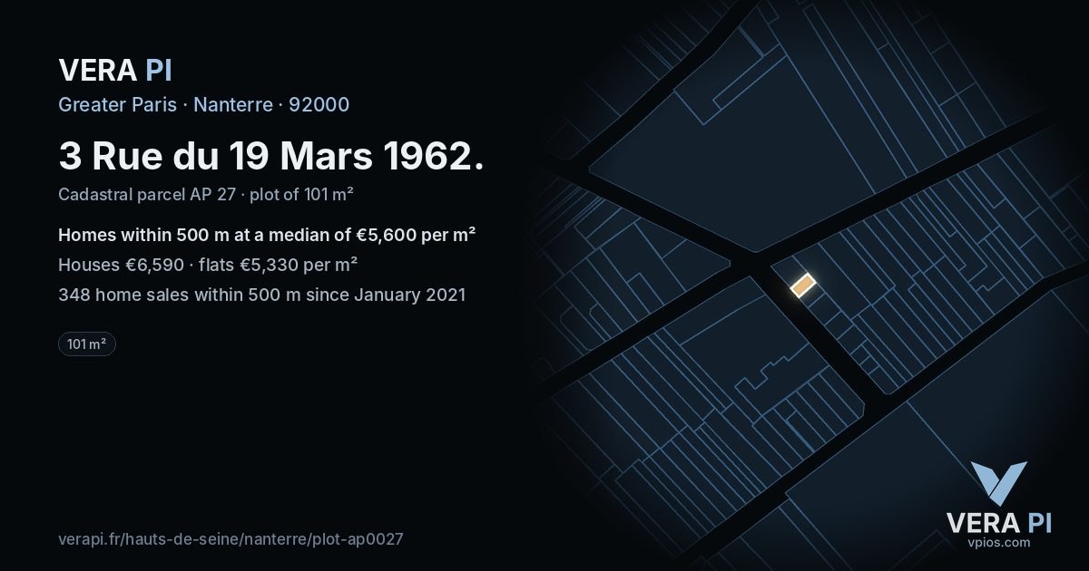 3 Rue du 19 Mars 1962, Nanterre at night – the plot lit, the parcels around coloured by the prices near them