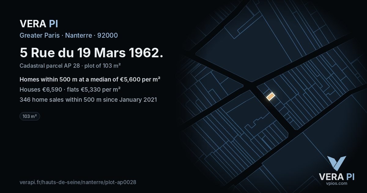5 Rue du 19 Mars 1962, Nanterre at night – the plot lit, the parcels around coloured by the prices near them