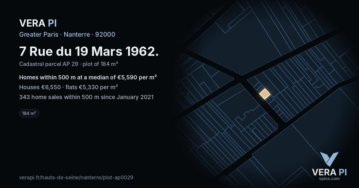 7 Rue du 19 Mars 1962, Nanterre at night – the plot lit, the parcels around coloured by the prices near them
