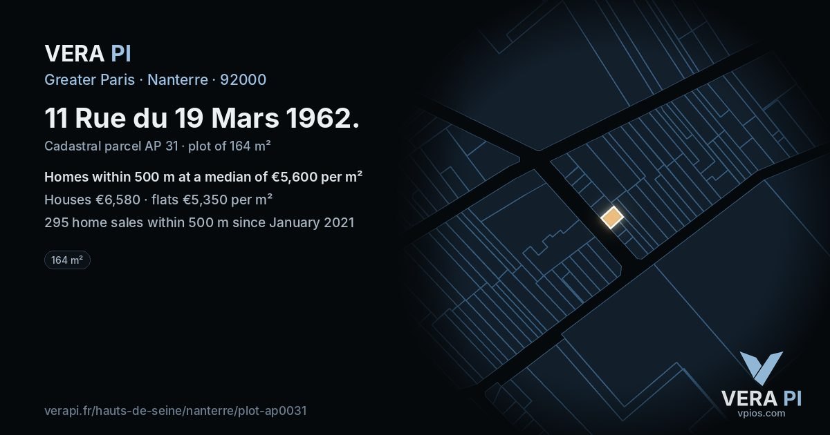 11 Rue du 19 Mars 1962, Nanterre at night – the plot lit, the parcels around coloured by the prices near them
