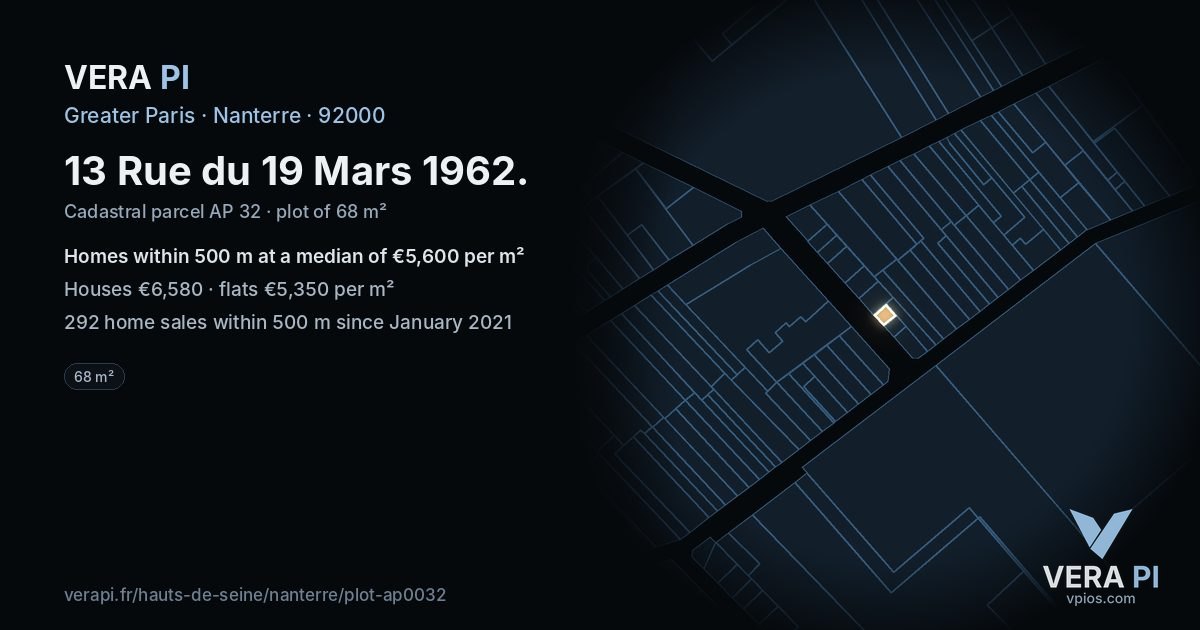 13 Rue du 19 Mars 1962, Nanterre at night – the plot lit, the parcels around coloured by the prices near them
