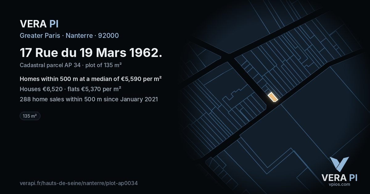 17 Rue du 19 Mars 1962, Nanterre at night – the plot lit, the parcels around coloured by the prices near them