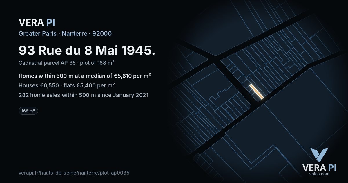 93 Rue du 8 Mai 1945, Nanterre at night – the plot lit, the parcels around coloured by the prices near them