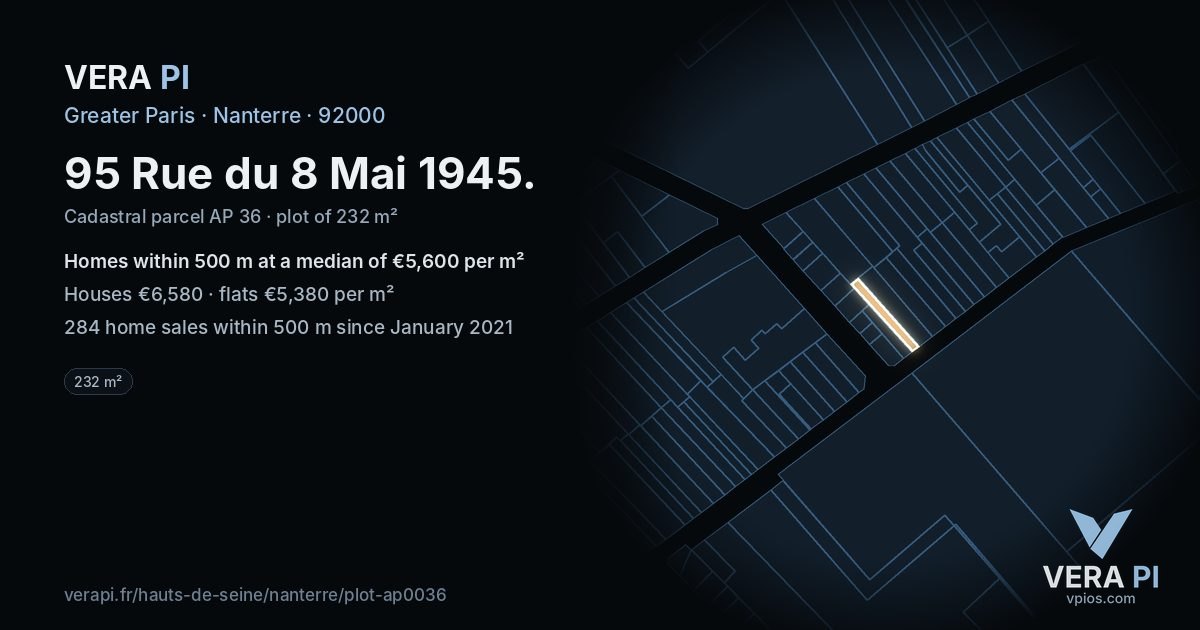95 Rue du 8 Mai 1945, Nanterre at night – the plot lit, the parcels around coloured by the prices near them