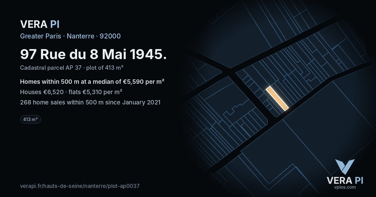97 Rue du 8 Mai 1945, Nanterre at night – the plot lit, the parcels around coloured by the prices near them