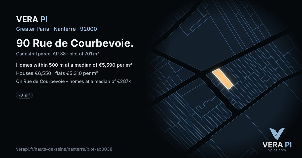 90 Rue de Courbevoie, Nanterre at night – the plot lit, the parcels around coloured by the prices near them