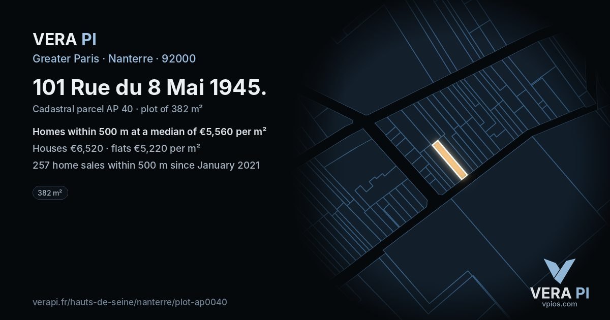 101 Rue du 8 Mai 1945, Nanterre at night – the plot lit, the parcels around coloured by the prices near them