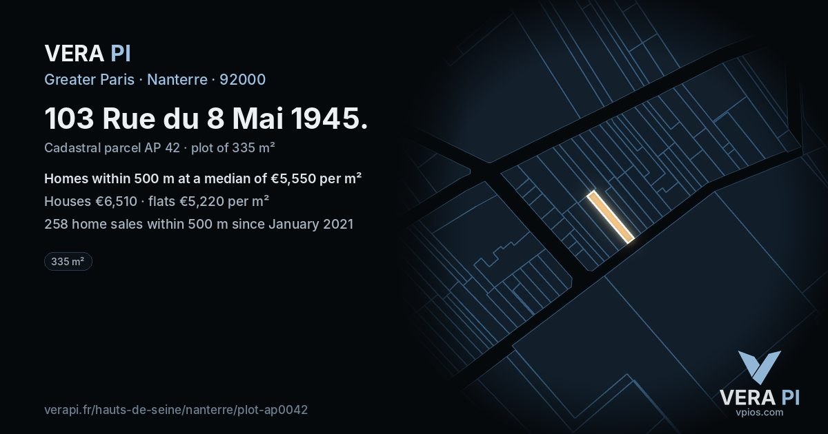 103 Rue du 8 Mai 1945, Nanterre at night – the plot lit, the parcels around coloured by the prices near them