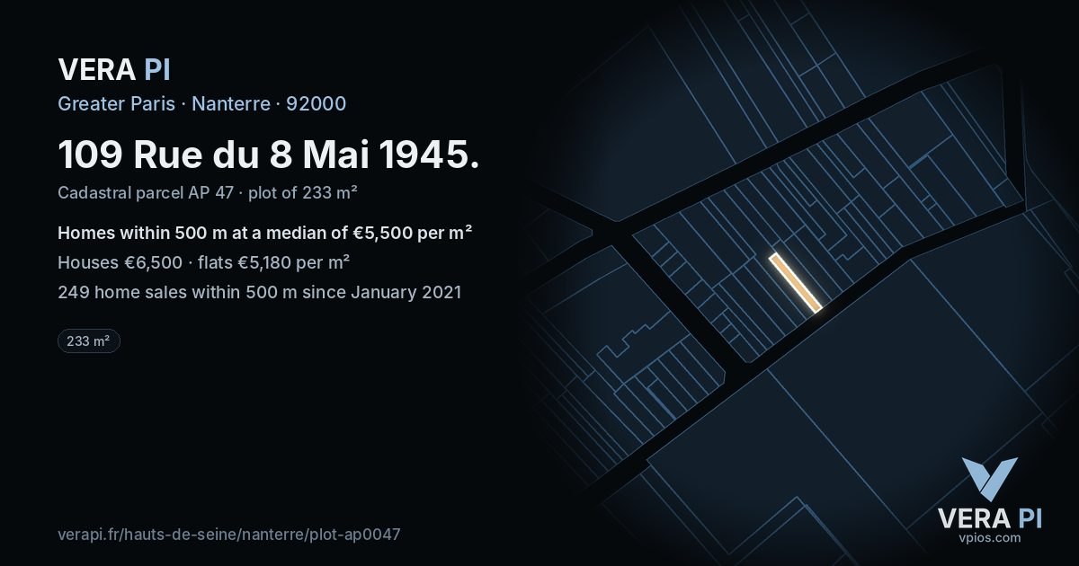 109 Rue du 8 Mai 1945, Nanterre at night – the plot lit, the parcels around coloured by the prices near them