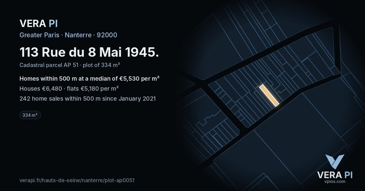 113 Rue du 8 Mai 1945, Nanterre at night – the plot lit, the parcels around coloured by the prices near them