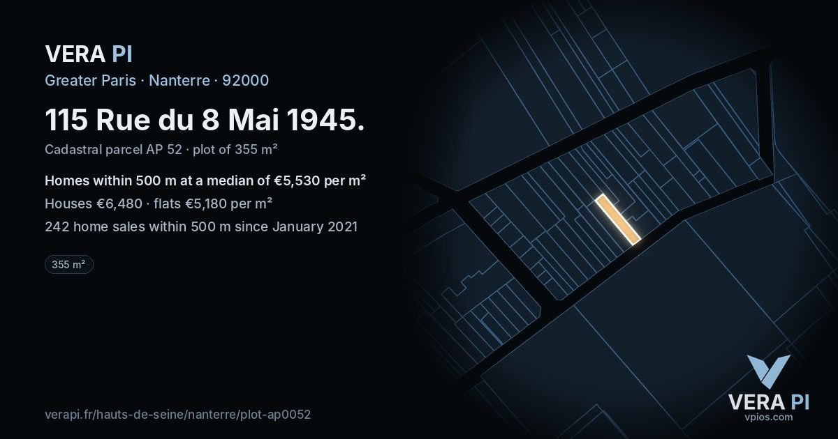 115 Rue du 8 Mai 1945, Nanterre at night – the plot lit, the parcels around coloured by the prices near them