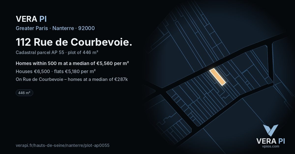 112 Rue de Courbevoie, Nanterre at night – the plot lit, the parcels around coloured by the prices near them