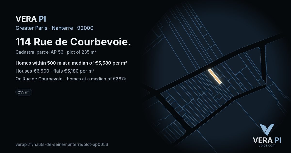114 Rue de Courbevoie, Nanterre at night – the plot lit, the parcels around coloured by the prices near them