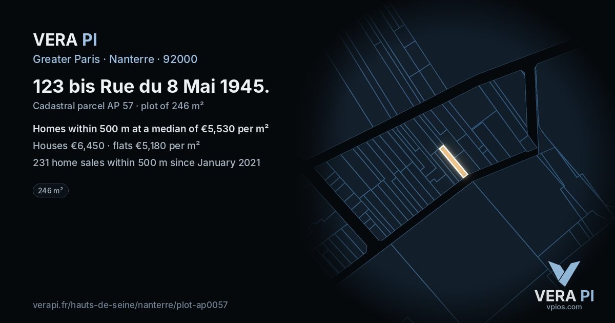 123 bis Rue du 8 Mai 1945, Nanterre at night – the plot lit, the parcels around coloured by the prices near them