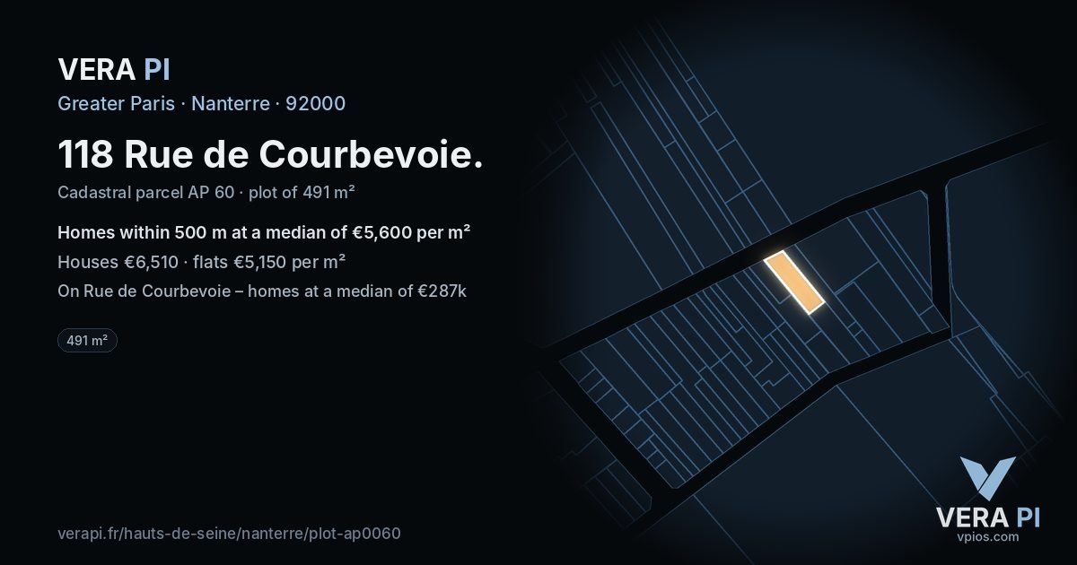 118 Rue de Courbevoie, Nanterre at night – the plot lit, the parcels around coloured by the prices near them