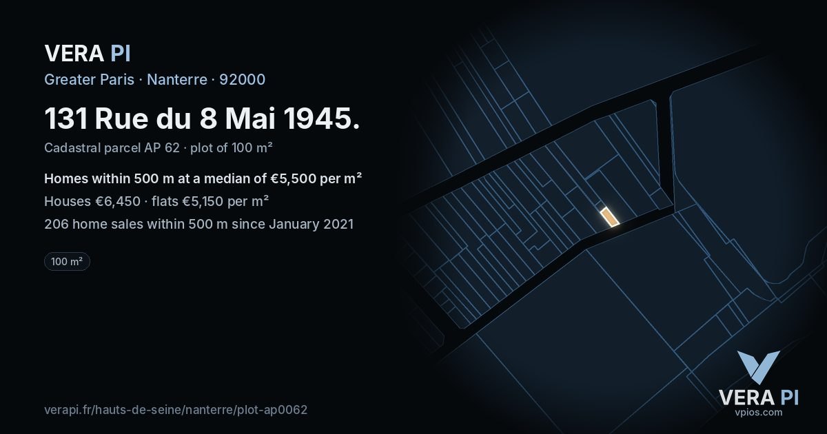 131 Rue du 8 Mai 1945, Nanterre at night – the plot lit, the parcels around coloured by the prices near them