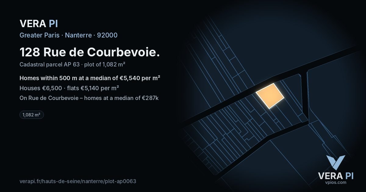 128 Rue de Courbevoie, Nanterre at night – the plot lit, the parcels around coloured by the prices near them