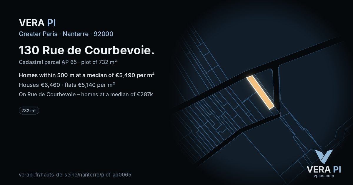 130 Rue de Courbevoie, Nanterre at night – the plot lit, the parcels around coloured by the prices near them