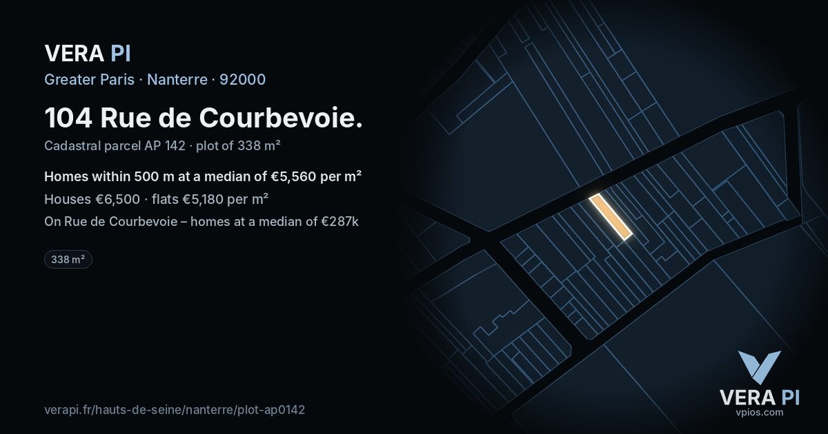 104 Rue de Courbevoie, Nanterre at night – the plot lit, the parcels around coloured by the prices near them