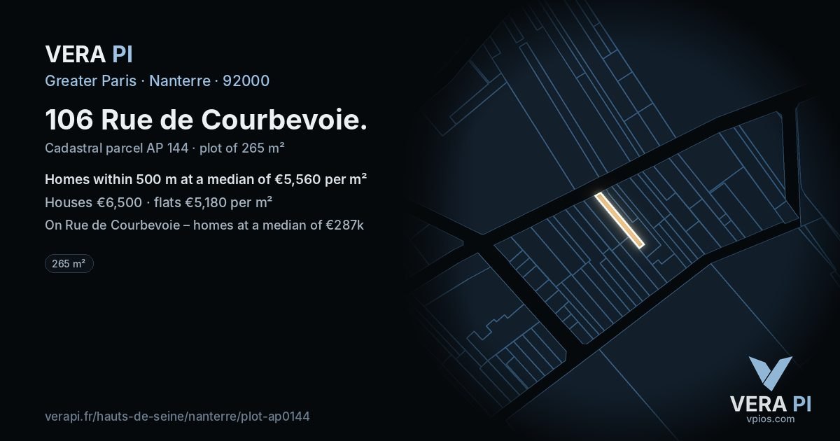 106 Rue de Courbevoie, Nanterre at night – the plot lit, the parcels around coloured by the prices near them