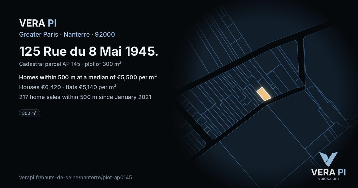 125 Rue du 8 Mai 1945, Nanterre at night – the plot lit, the parcels around coloured by the prices near them