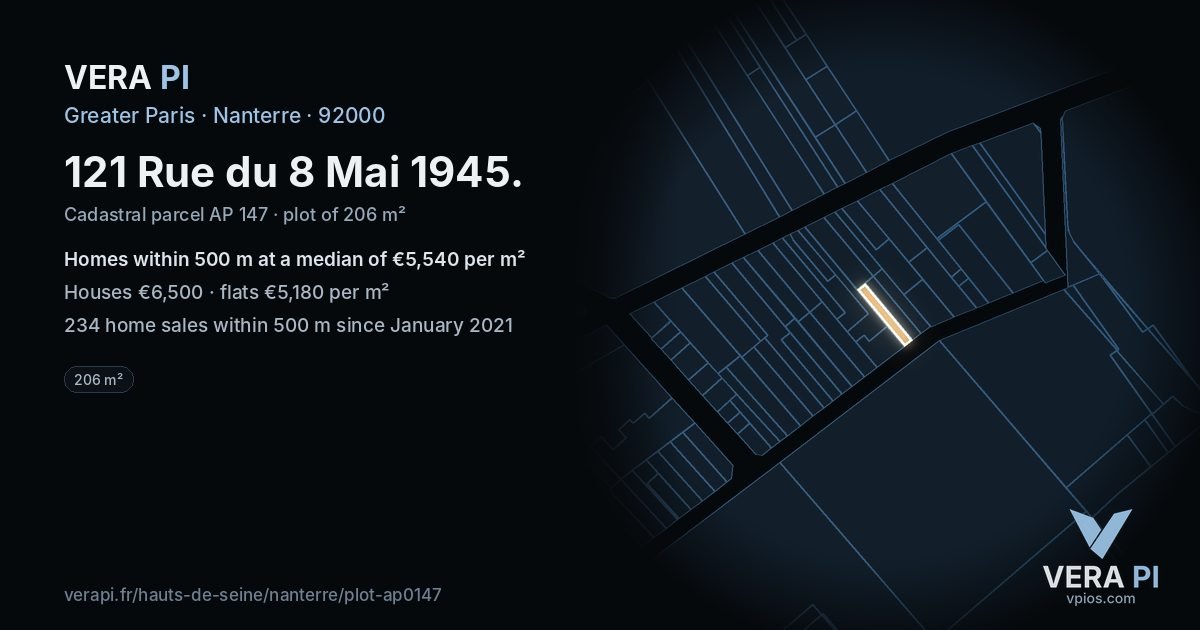 121 Rue du 8 Mai 1945, Nanterre at night – the plot lit, the parcels around coloured by the prices near them