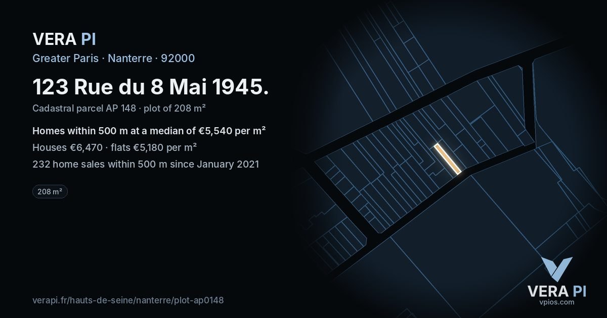 123 Rue du 8 Mai 1945, Nanterre at night – the plot lit, the parcels around coloured by the prices near them