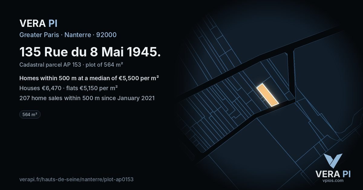 135 Rue du 8 Mai 1945, Nanterre at night – the plot lit, the parcels around coloured by the prices near them