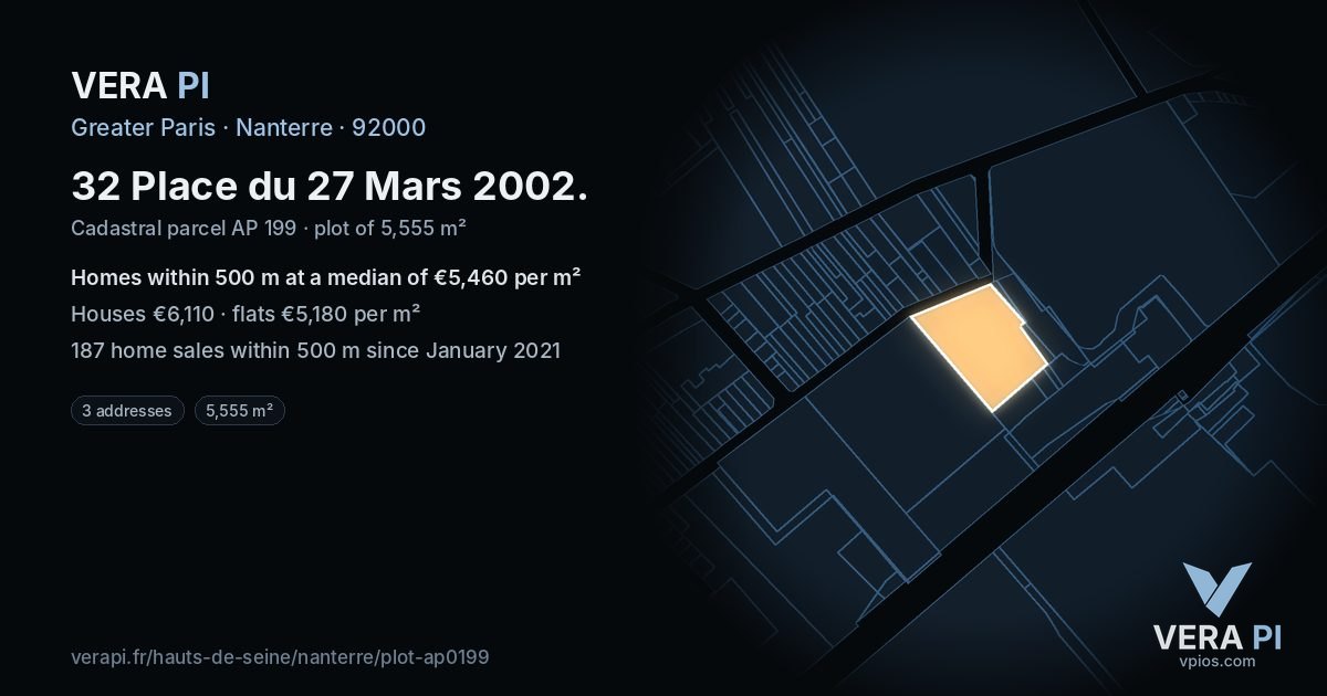 32 Place du 27 Mars 2002, Nanterre at night – the plot lit, the parcels around coloured by the prices near them