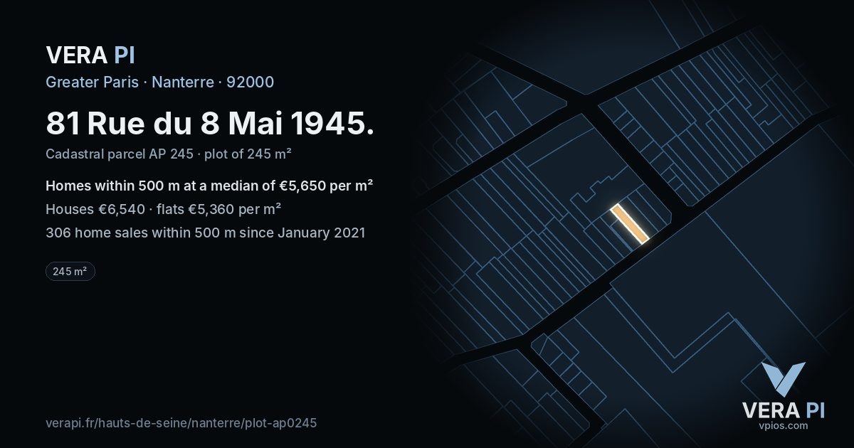 81 Rue du 8 Mai 1945, Nanterre at night – the plot lit, the parcels around coloured by the prices near them