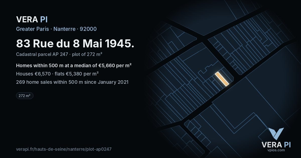 83 Rue du 8 Mai 1945, Nanterre at night – the plot lit, the parcels around coloured by the prices near them
