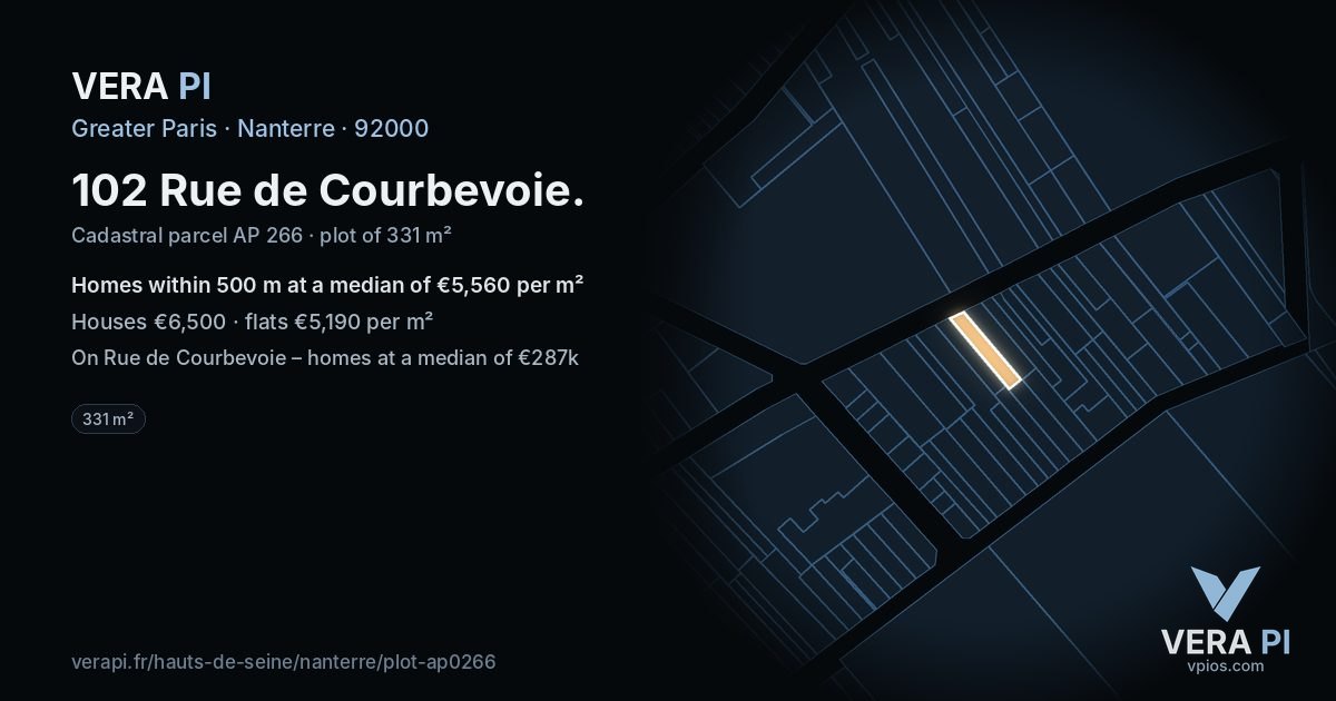 102 Rue de Courbevoie, Nanterre at night – the plot lit, the parcels around coloured by the prices near them