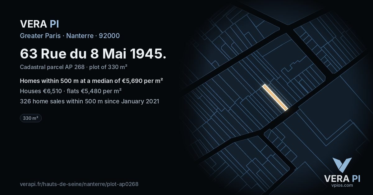 63 Rue du 8 Mai 1945, Nanterre at night – the plot lit, the parcels around coloured by the prices near them