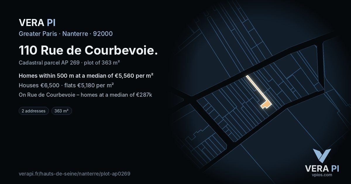 110 Rue de Courbevoie, Nanterre at night – the plot lit, the parcels around coloured by the prices near them