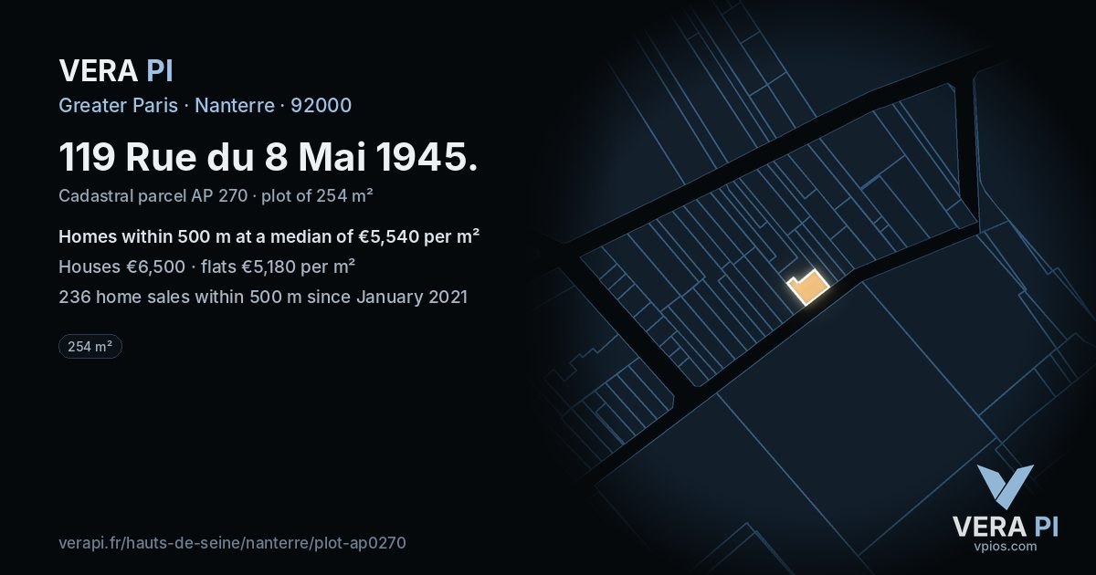 119 Rue du 8 Mai 1945, Nanterre at night – the plot lit, the parcels around coloured by the prices near them