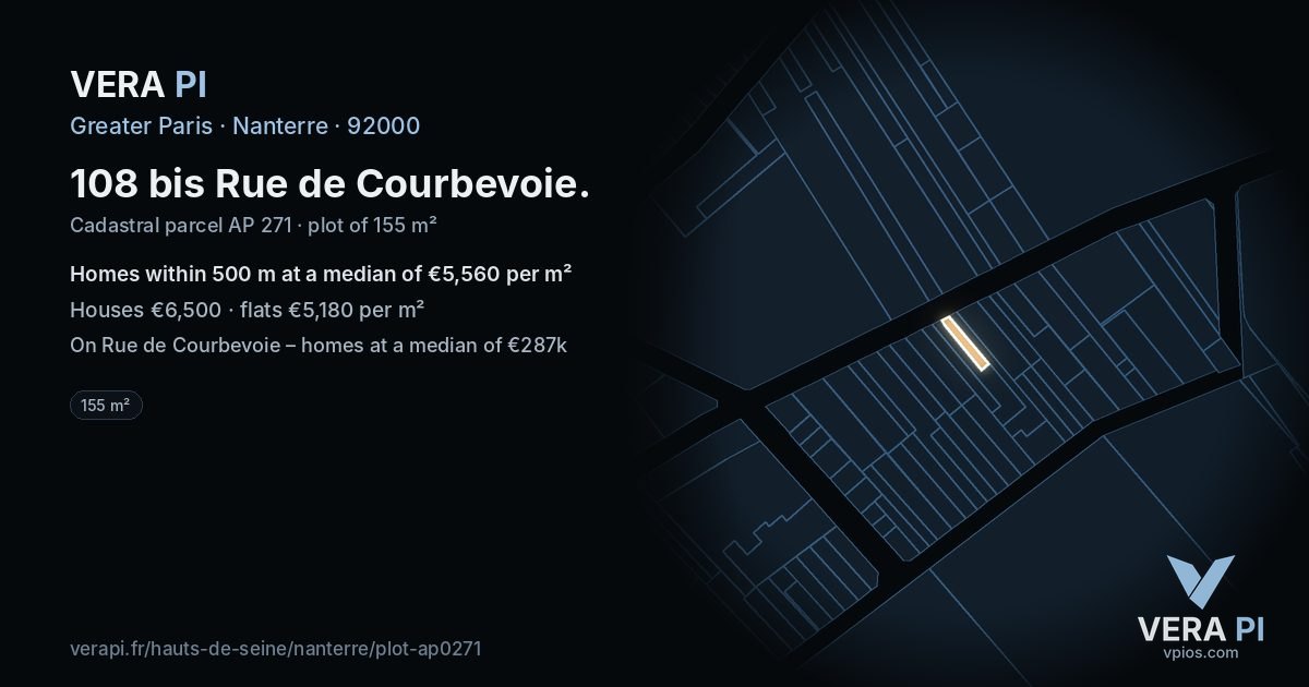 108 bis Rue de Courbevoie, Nanterre at night – the plot lit, the parcels around coloured by the prices near them