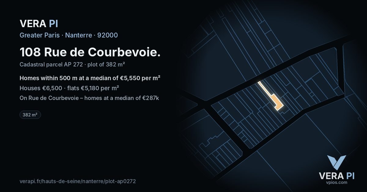 108 Rue de Courbevoie, Nanterre at night – the plot lit, the parcels around coloured by the prices near them